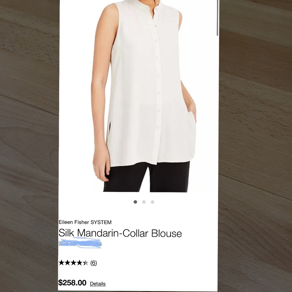 Eileen Fisher elegant 100% silk blouse , Mandarin collar top , sleeveless.